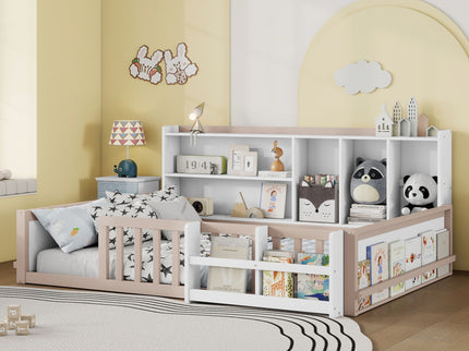 Platform Bed Frame With Guardrail, Storage Shelves & Bookshelf