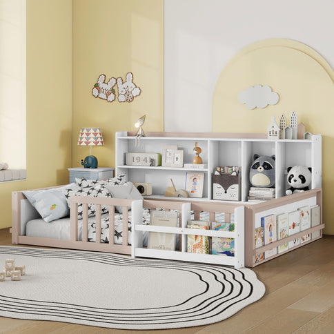 Platform Bed Frame With Guardrail, Storage Shelves & Bookshelf