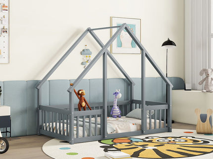 Wood House-Shaped Floor Bed With Fence, Guardrails