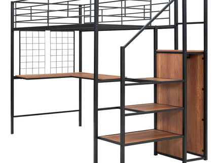 Loft Bed With Desk And Grid, Stylish Frame With Lateral Storage Ladder And Wardrobe