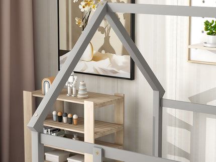 Floor Wooden Bed With House Roof Frame, Fence Guardrails