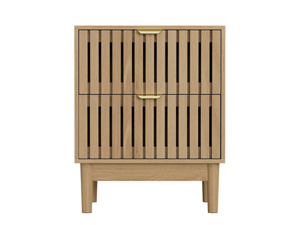 Bedside Table With Grille Design And 2 Drawers, Side Table For Bedroom - Oak