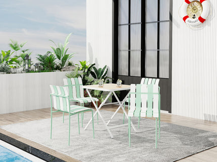 4 Piece Set Of Color Block Designed Single Chairs, Folding Square Table - Haze Green / Khaki / White
