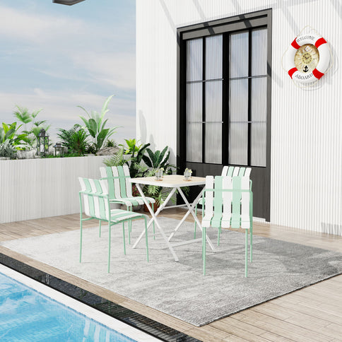 4 Piece Set Of Color Block Designed Single Chairs, Folding Square Table - Haze Green / Khaki / White