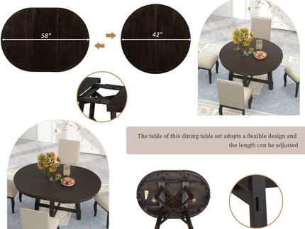 Round Extendable Dining Table Set With 4 Upholstered Chairs