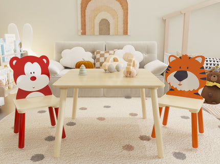 Table And 2 Chairs Set, Activity Play Table Set With Bear & Tiger Design - Natural