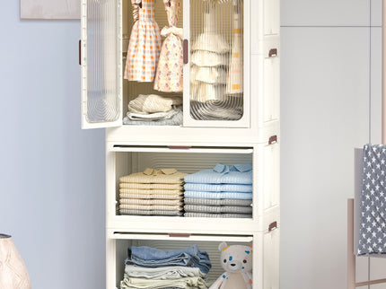 Portable Wardrobe Closet Storage Organizer With Magnetic Doors And Hanging Rod - Cream White