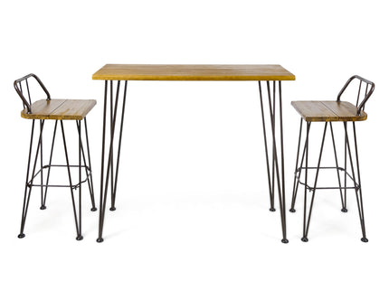 Dione Outdoor Industrial Acacia Wood Bar Set With Metal Frame And Slat Paneling - Brown