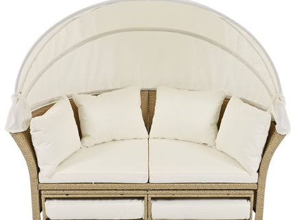 Outdoor Patio Daybed Wicker Rattan Double Daybed Round Sofa Furniture Set With Retractable Canopy, 4 Pillows For Lawn Garden