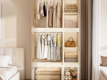 Portable Wardrobe Closet Storage Organizer For Clothes, 9 Magnetic Doors With 9 Cubes & 2 Hanging Rods, 6 Hangers - Cream White