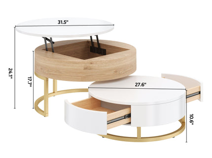 Modern Round Lift-Top Nesting Coffee Tables With 2 Drawers