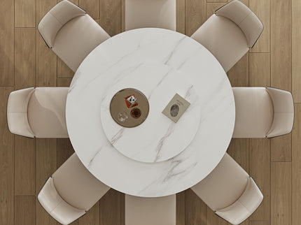 Modern Sintered Stone Dining Table With Round Turntable And Metal Pedestal - White