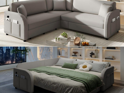 L-Shaped Couch With Pull-Out Bed, Oversize Convertible Sleeper Sofa With Side Pocket & USB Port