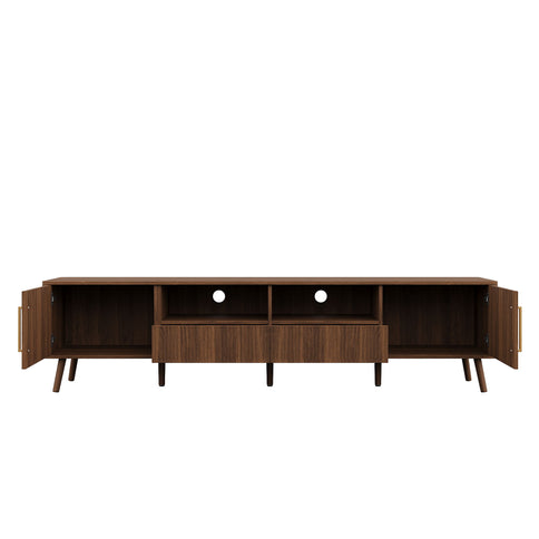 78" TV Stand For 85" TVs With Fluted Doors, Open Shelf, Cable Management - Walnut