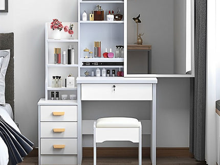 Vanity Desk With Mirror And Lights For Makeup And Chair Set With 3 Adjustable LED Lighting, 4 Drawers - White