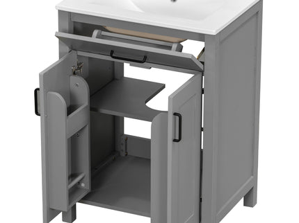 Bathroom Vanity With Ceramic Sink, Soft Close Doors, Flip Drawer, Double Layer Door Shelves