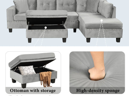 Modern Sectional Sofa With Storage Ottoman, L - Shape Couch With 2 Pillows And Cup Holders