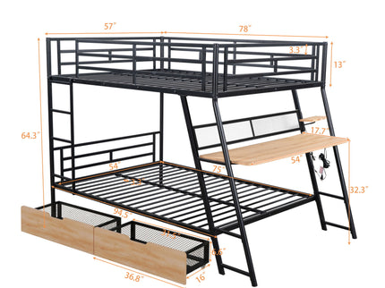 Full Size Bunk Bed With Built In Desk, Light, And 2 Drawers - Black