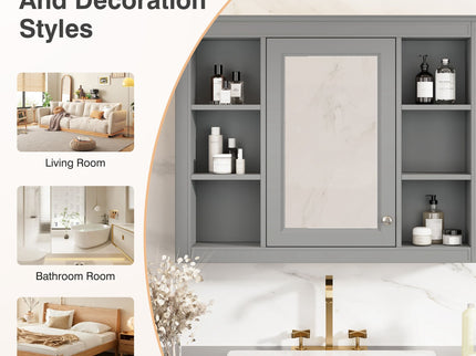 Wall Mounted Medicine Cabinet With Mirror, Storage Cabinet Featuring 6 Open Shelves And Adjustable Interior
