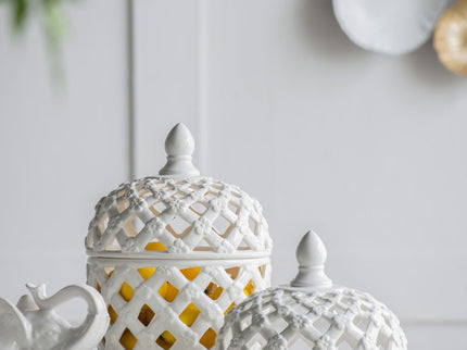 Ceramic Lidded Jar With Lattice Design - White