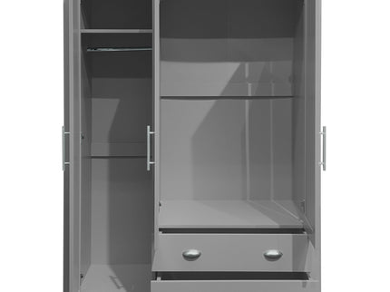 3 Door Storage Wardrobe With Cabinets And 2 Hanging Rods - Gray
