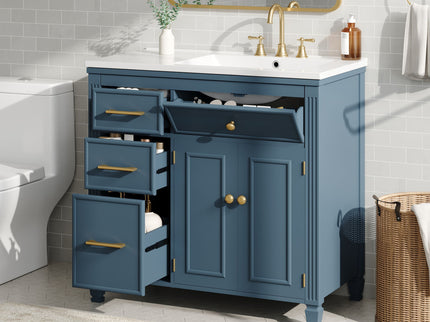 Modern Bathroom Vanity With Ceramic Sink, Freestanding, One Tip Out Drawer, 3 Side Drawers, Adjustable Shelf