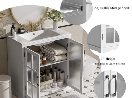 Modern Bathroom Vanity With Ceramic Sink, Tempered Blurred Glass Doors