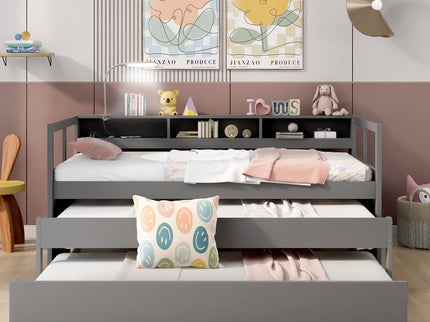 Daybed With 2 Trundles, 3 Storage Cubbies, Built In USB Charging Light