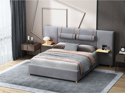 Upholstered Platform Bed, 2 Outlets And USB Charging Ports On Both Sides, 2 Bedside Pillows, Storage Shelves