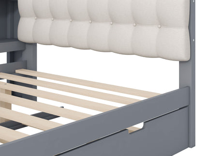 Upholstered Headboard Platform Bed With Storage Shelves, Trundle, Charging Station