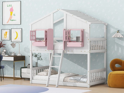 House Bunk Bed With Roof, Window, Window Box, Door, With Safety Guardrails And Ladder