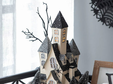Cardboard Lighted Haunted House, Tabletop Holiday Halloween Decor, Battery Powered - Beige / Black
