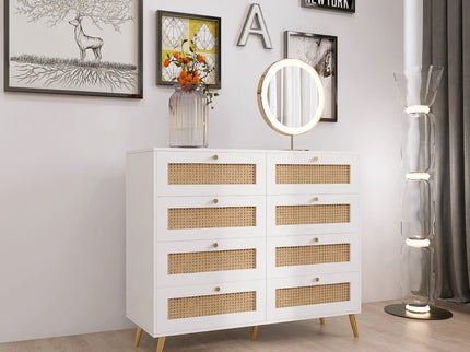 8 Drawers Chest Of Drawers With Rattan Drawer Face Golden Legs And Handles - White
