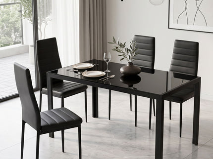 5 Pieces Dining Table Set For 4, Kitchen Room Tempered Glass Dining Table, 4 Faux Leather Chairs - Black