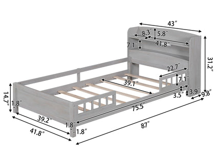 Wood Platform Bed With Built In LED Light, Storage Headboard And Guardrail