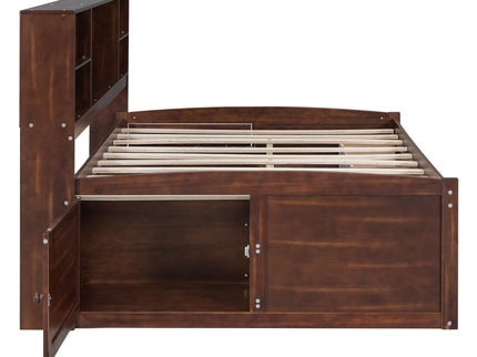 Full Size Captain Bed With Built In Storage Shelves, 4 Drawers And 2 Cabinets - Antique Brown