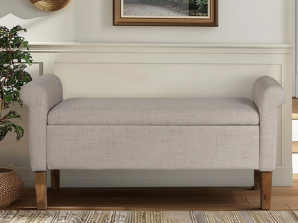 Upholstered Storage Bench With Rolled Armrests - Beige
