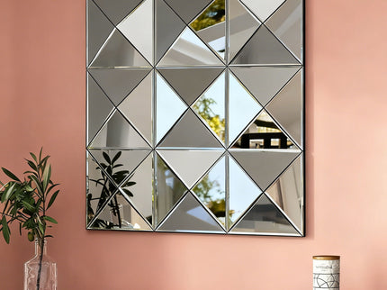 3D Beveled Wall Mirror With Frame, Large Square Design For Living Room - Silver