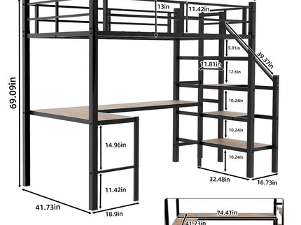 Loft Bed & L-Shaped Desk, Large Storage Space