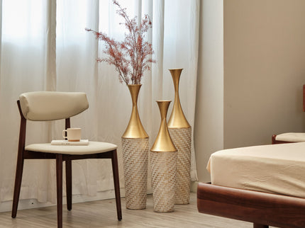 Floor Metal Vase Modern Style Decoration Home Woven Pattern Metal Vase 3 Piece Set Gorgeous Home Decoration Large Glazed Metal Vase - Champagne