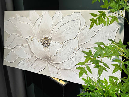Lotus Flower Canvas Wall Art, Hand Painted Textured Floral Painting - Antique White