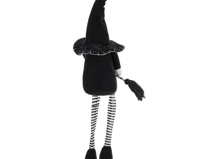 Sitting Gnome With Broomstick & Long Legs, For Halloween Decor - Black White