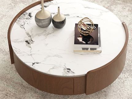 Round Coffee Table With Ball Feet, Dual Storage Drawers For Living Room - Walnut Brown