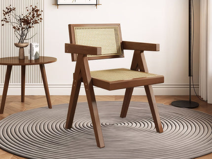Modern Mid Century Dining Chairs (Set of 2), Rattan Accent Chairs, Comfy Armchairs, Outdoor Wood Chairs With Armrest - Walnut