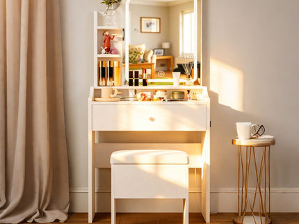 Smart LED Mirror Vanity Set With Storage For Bedrooms - Cream White