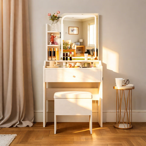Smart LED Mirror Vanity Set With Storage For Bedrooms - Cream White
