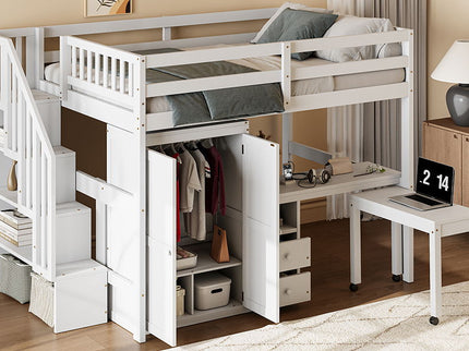 Loft Bed With Stairs, Bookshelf, Drawers, Desk & Wardrobe, Space Saving Multifunctional Furniture