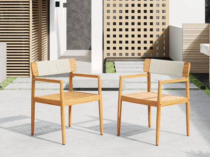 Creative Braided Acacia Wood Outdoor Dining Table And Chairs With Armrests (Set of 2) - Teak / White