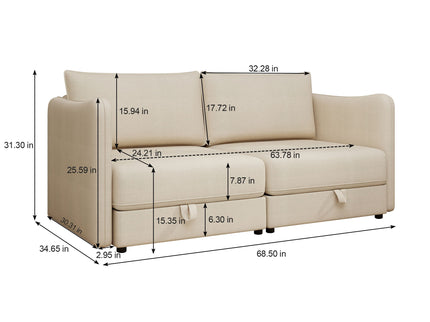 Modular Sectional Sofa With Storage, Convertible 2 Seater Sleeper Sofa - Beige