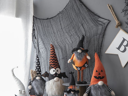 Sitting Gnome With Knit Hat, For Halloween Decor - Black / Orange / White